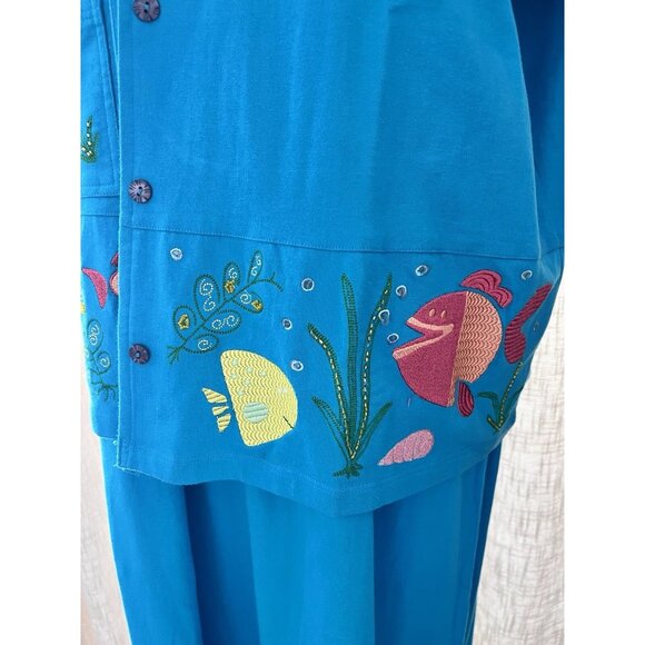 Davina Women's Artsy Size 1X blue maxi dress & jacket embroidered fish casual - Picture 13 of 15